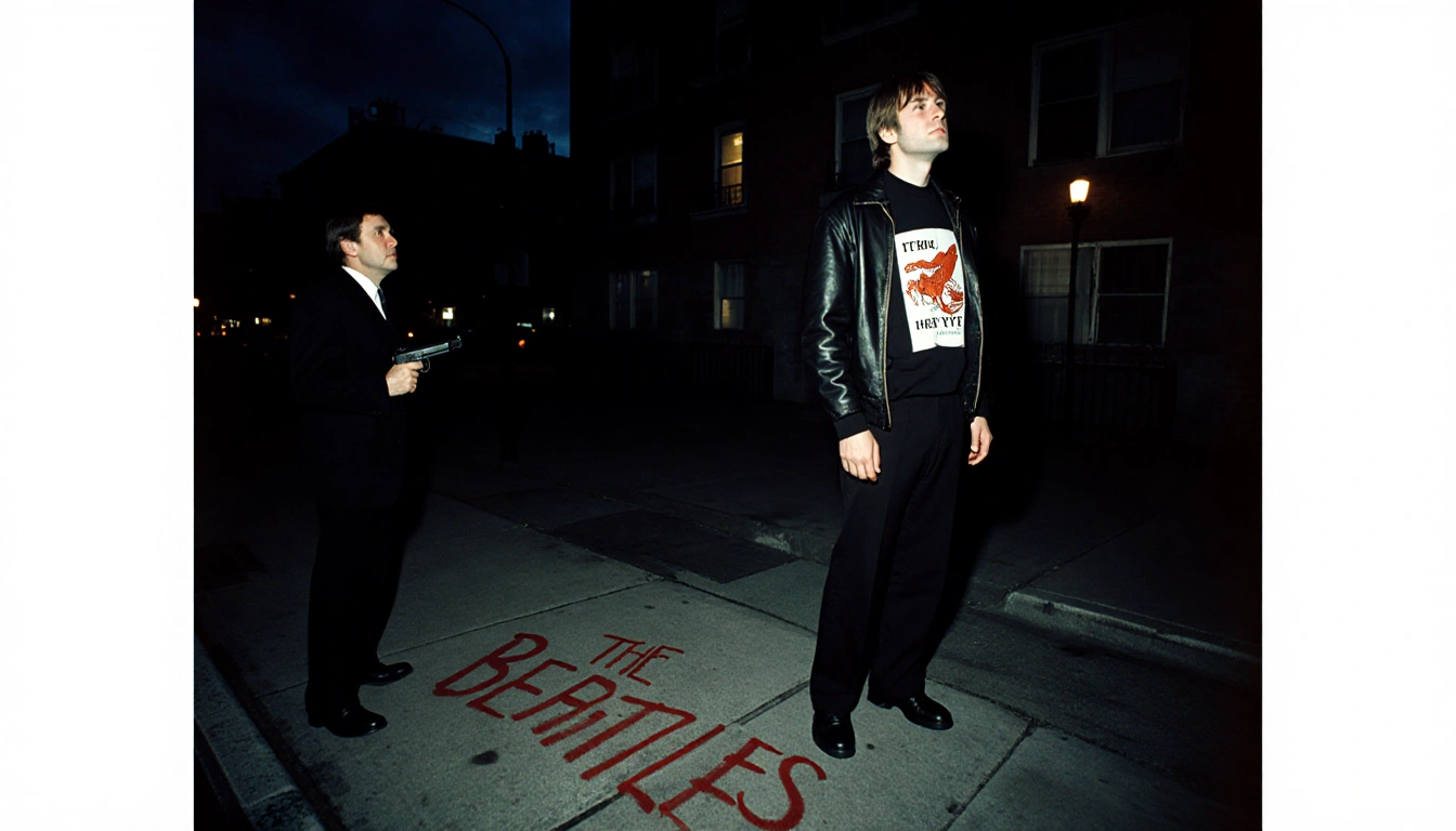John Lennon standing on NYC street at night with Beatles logo on jacket while Mark David Chapman looms in shadows.