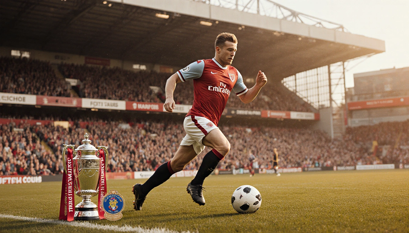 John Robertson sprinting down Forest wing with ball at his feet against City Ground in warm light a League Cup trophy nearby.