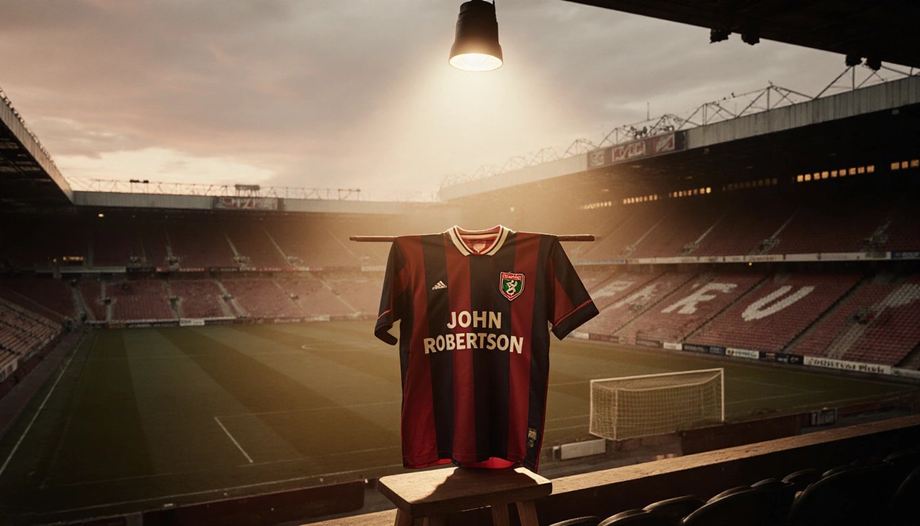 Vintage Nottingham Forest jersey hanging on a wooden dowel with a lone spotlight in a dim stadium honoring John Robertson
