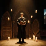 John Skelley performs on stage in robes holding a book and floating candles and Hogwarts castle projecting above the seats