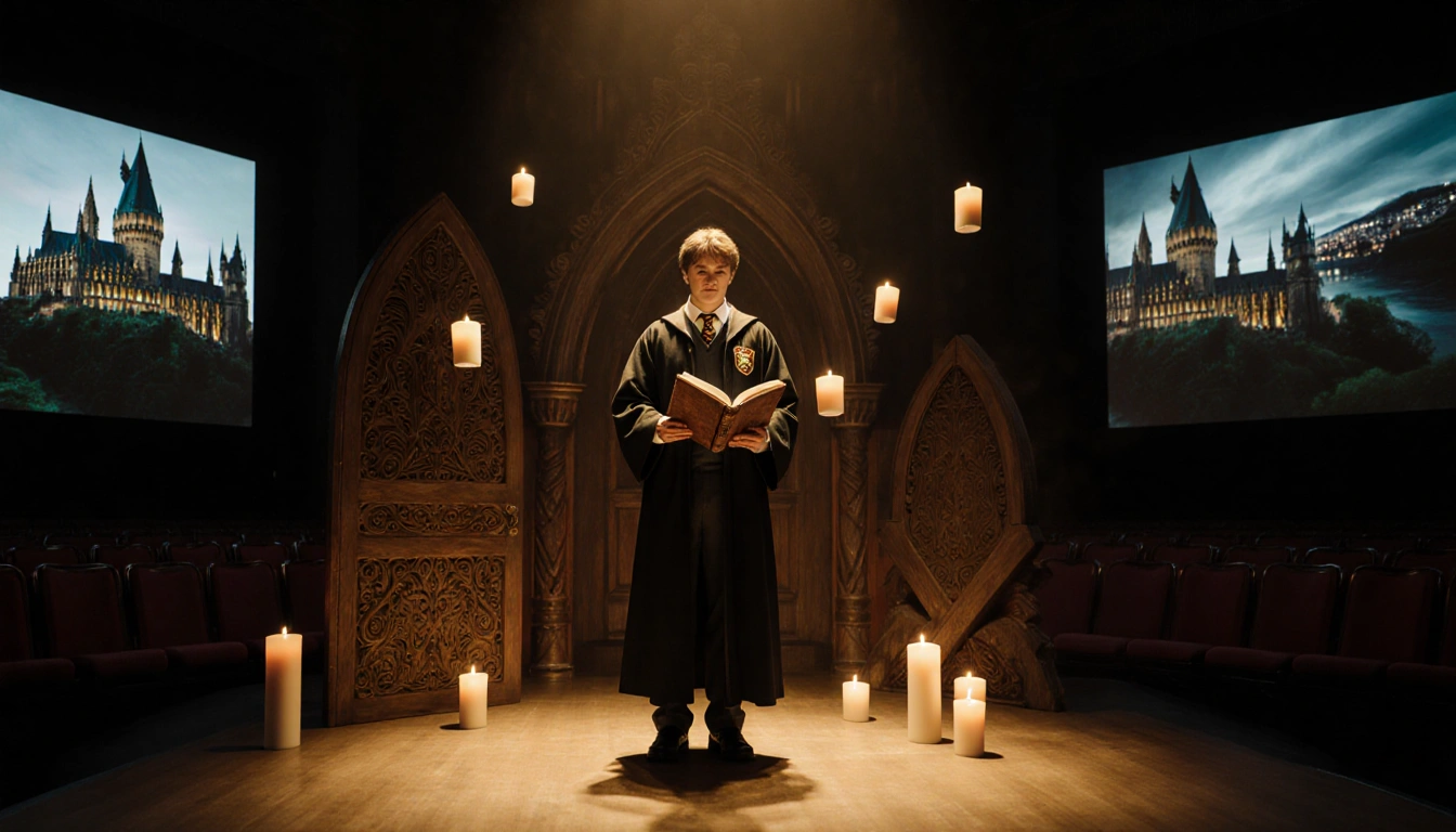 John Skelley performs on stage in robes holding a book and floating candles and Hogwarts castle projecting above the seats