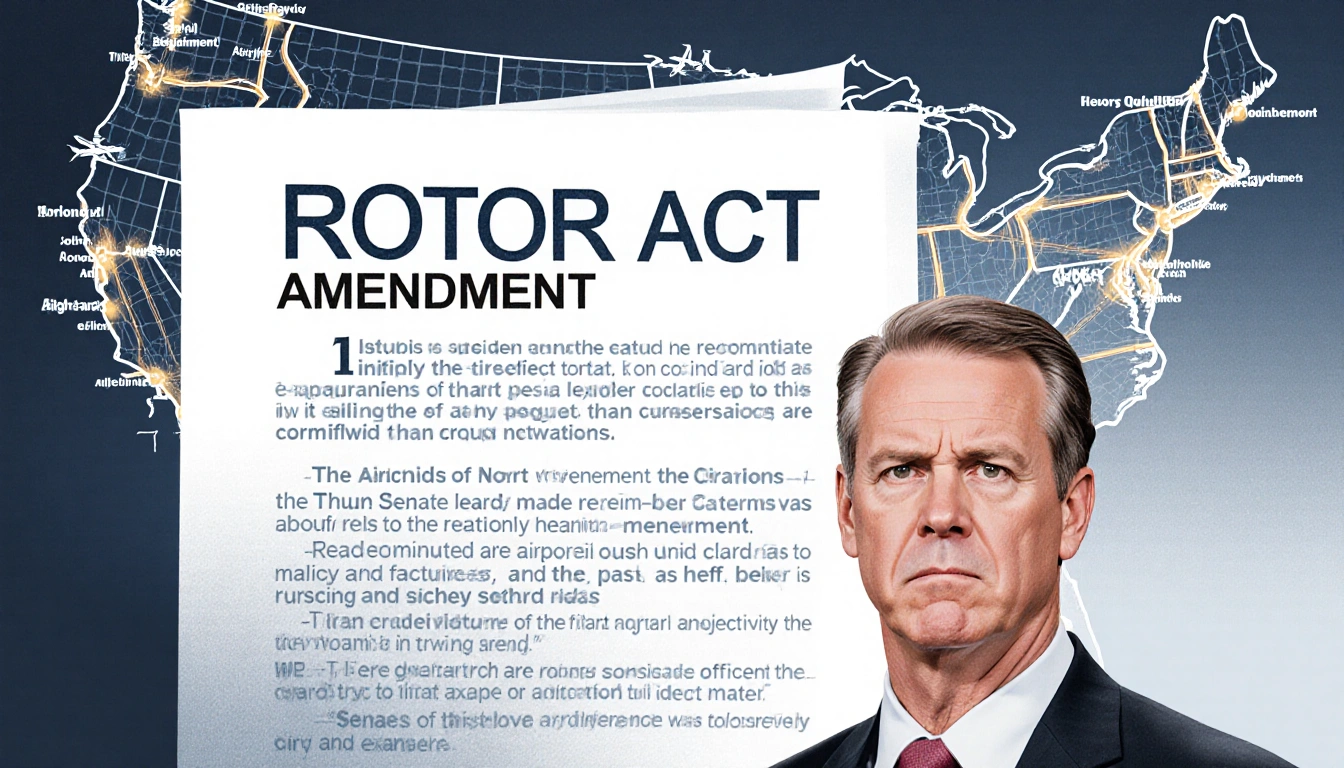 John Thune stands sternly before a bill with highlighted ROTOR Act amendment and faint US map grid.