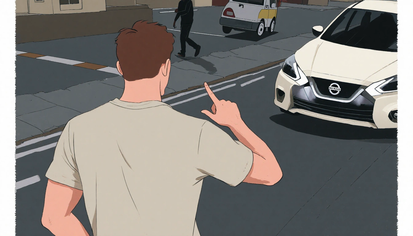 Witness pointing at a Nissan car toward suspect while raising his hands up and Claudio circles in the background