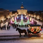 Horse‑drawn carriage navigating snow‑covered streets with winter coats and families photographing Santa amid Johnson City lig