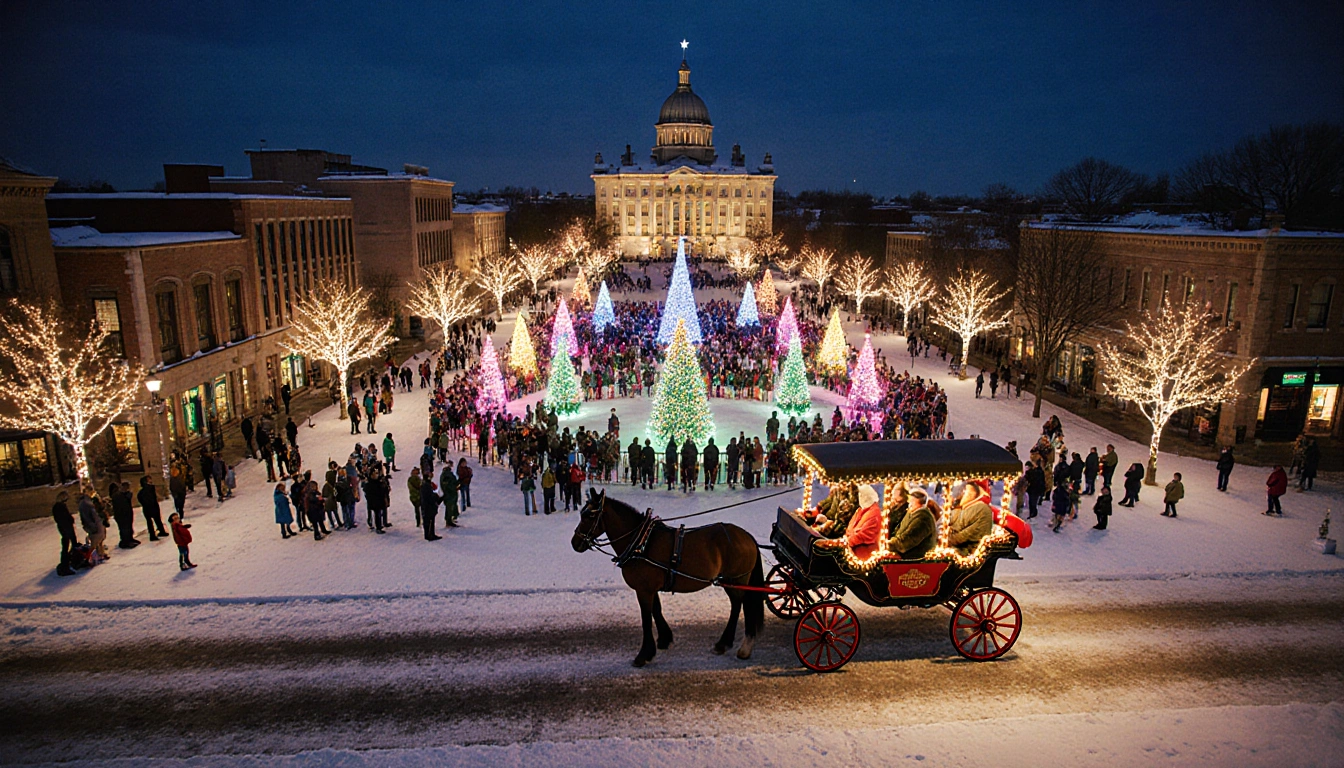 Horse‑drawn carriage navigating snow‑covered streets with winter coats and families photographing Santa amid Johnson City lig