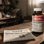 Bottle of joint pain supplement sits on wooden table with red recall sticker and FDA news clipping beside it.