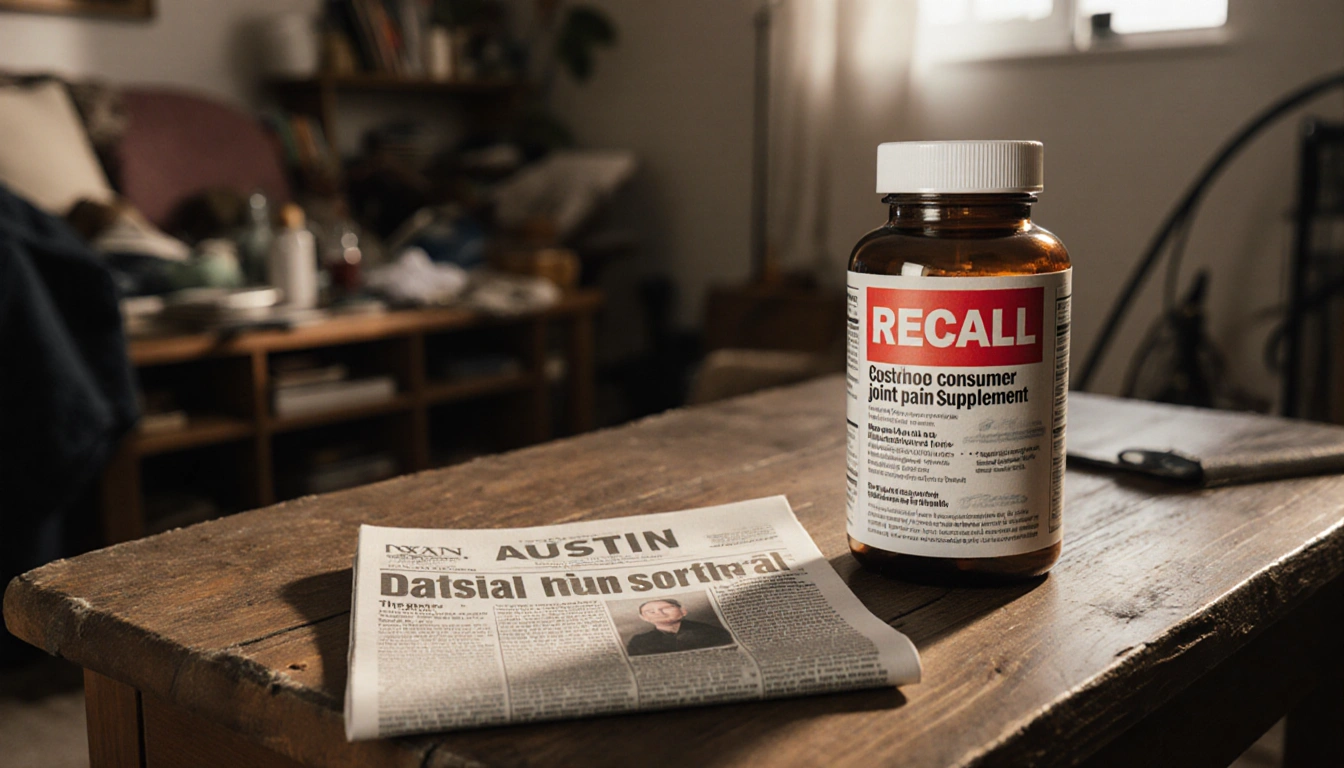 Bottle of joint pain supplement sits on wooden table with red recall sticker and FDA news clipping beside it.