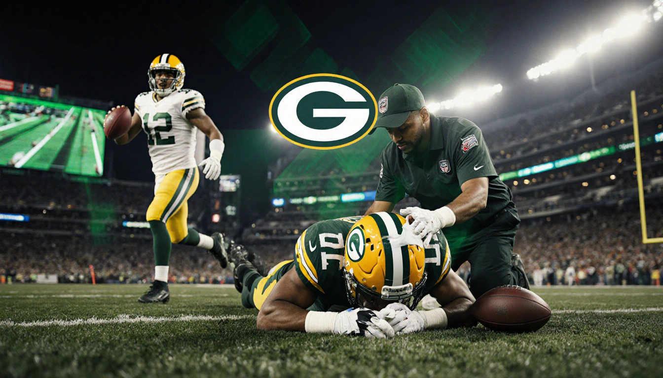 Jordan Love lying on the field with a bandaged head doctor while Malik Willis rushes in the background with a Packers logo.