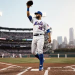 Jorge Polanco raises his glove at second base with lighting on his face and a Queens skyline behind him and leading the Mets.