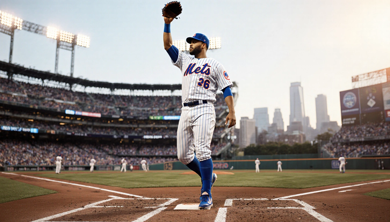 Jorge Polanco raises his glove at second base with lighting on his face and a Queens skyline behind him and leading the Mets.