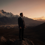 José Antonio Kast stands on rocky outcropping gazing at sunset with Chilean Andes mountains and distant cityscape behind.