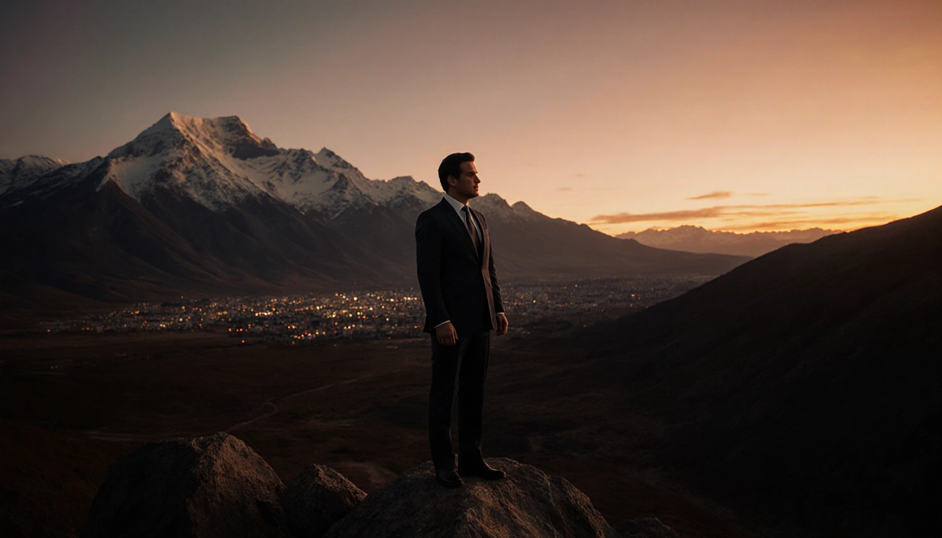 José Antonio Kast stands on rocky outcropping gazing at sunset with Chilean Andes mountains and distant cityscape behind.