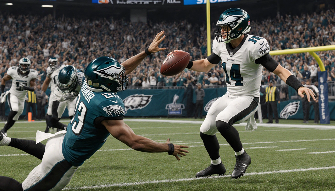 Josh Allen drops back for a 2-point NFL conversion with ball at Khalil Shakir who misses in stadium while Eagles celebrate