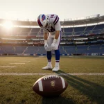 Josh Allen standing with slumped helmet and abandoned football at his feet on empty Bills field