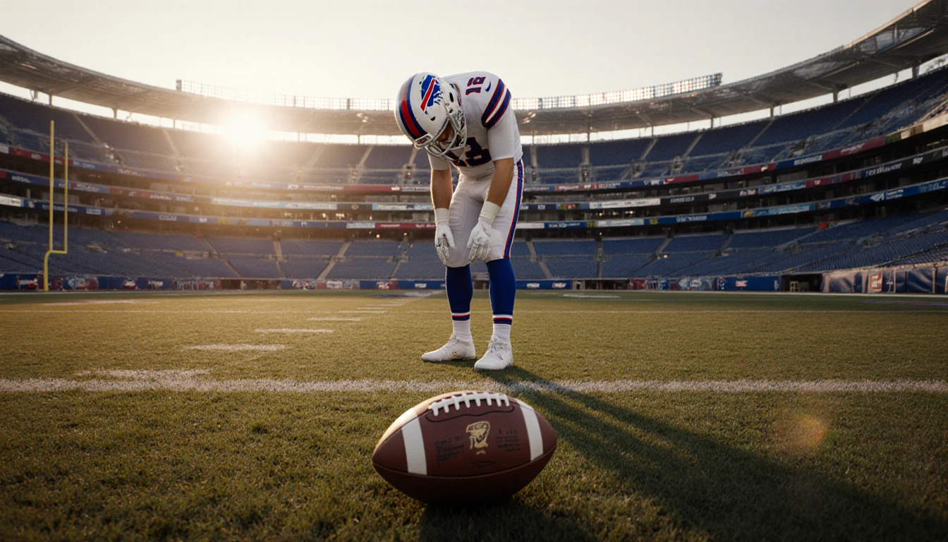 Josh Allen standing with slumped helmet and abandoned football at his feet on empty Bills field