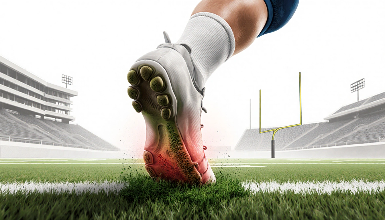 Allen's right foot lands in turf during scramble with blurred edges showing speed and injury with a football field backdrop