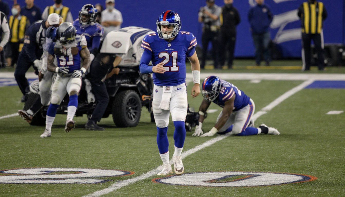 Josh Allen limping off the football field with a marker at the 1-yard line and medical staff carting Quinshon Judkins.