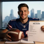 Josh Allen sits at desk holding football with to-do list in front and a window showing Buffalo skyline with excitement.