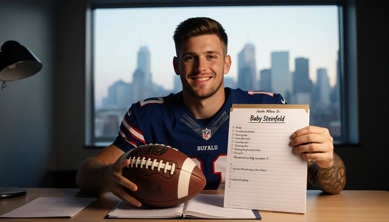 Josh Allen sits at desk holding football with to-do list in front and a window showing Buffalo skyline with excitement.