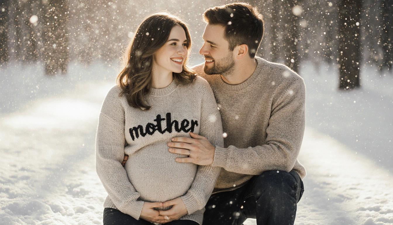 Josh Allen kneeling beside pregnant Hailee with winter snowflakes and cozy sweater sharing a tender love smile.