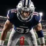 Josh Johnson quarterback stands holding the ball with Commanders jersey and helmet and Dallas Cowboys stadium lights at night
