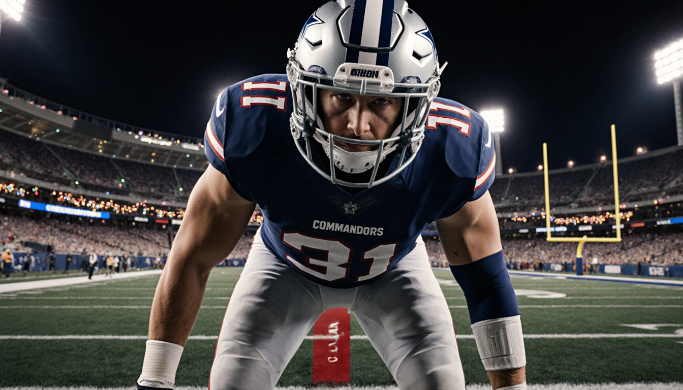 Josh Johnson quarterback stands holding the ball with Commanders jersey and helmet and Dallas Cowboys stadium lights at night