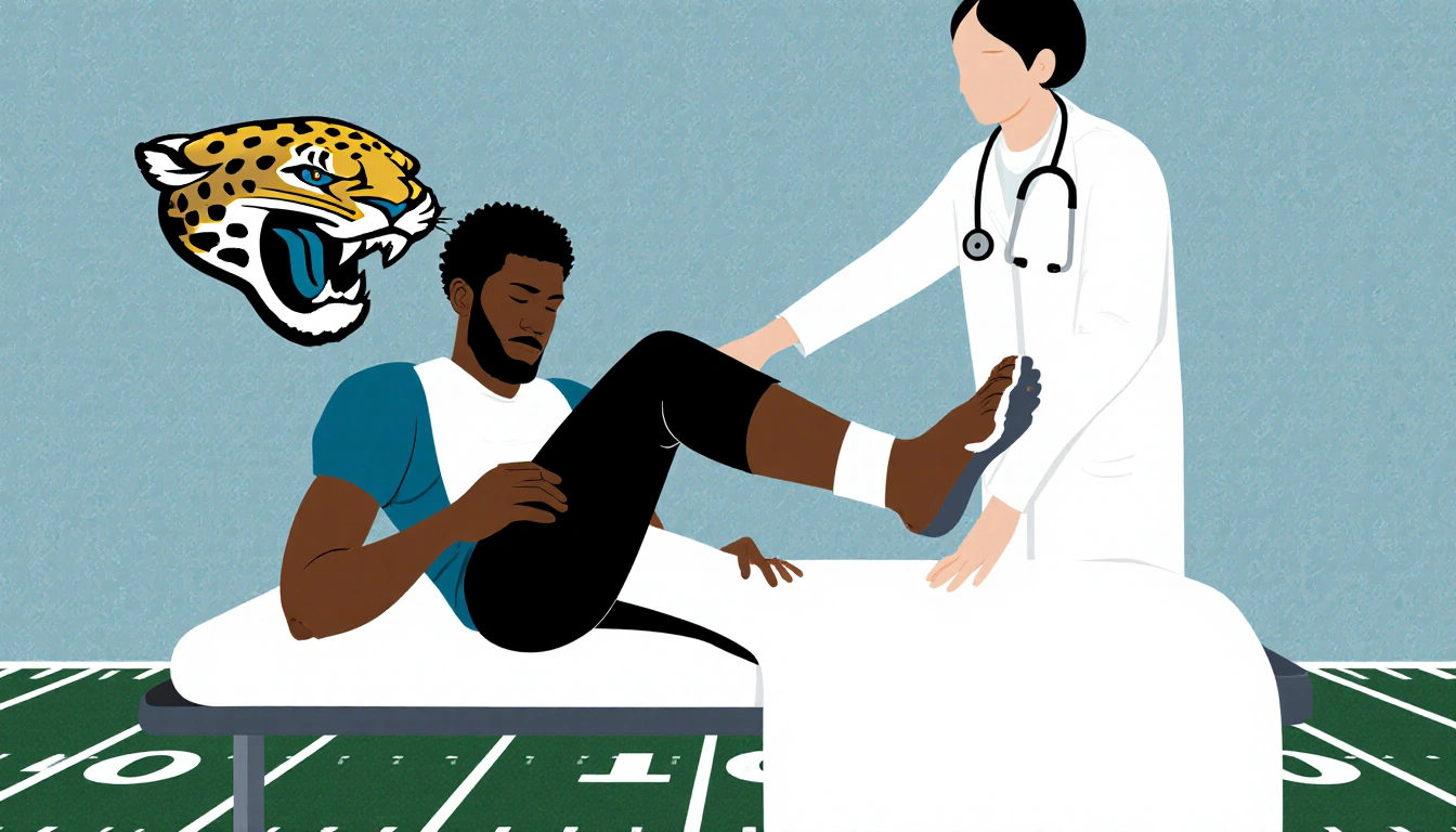 Jourdan Lewis lying on a medical table with injured foot while a doctor examines him in a hospital with Jaguars defense logo