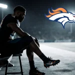 Jourdan Lewis sits on bench with cleats off and foot on stool stadium lights overlooking football field and Broncos logo