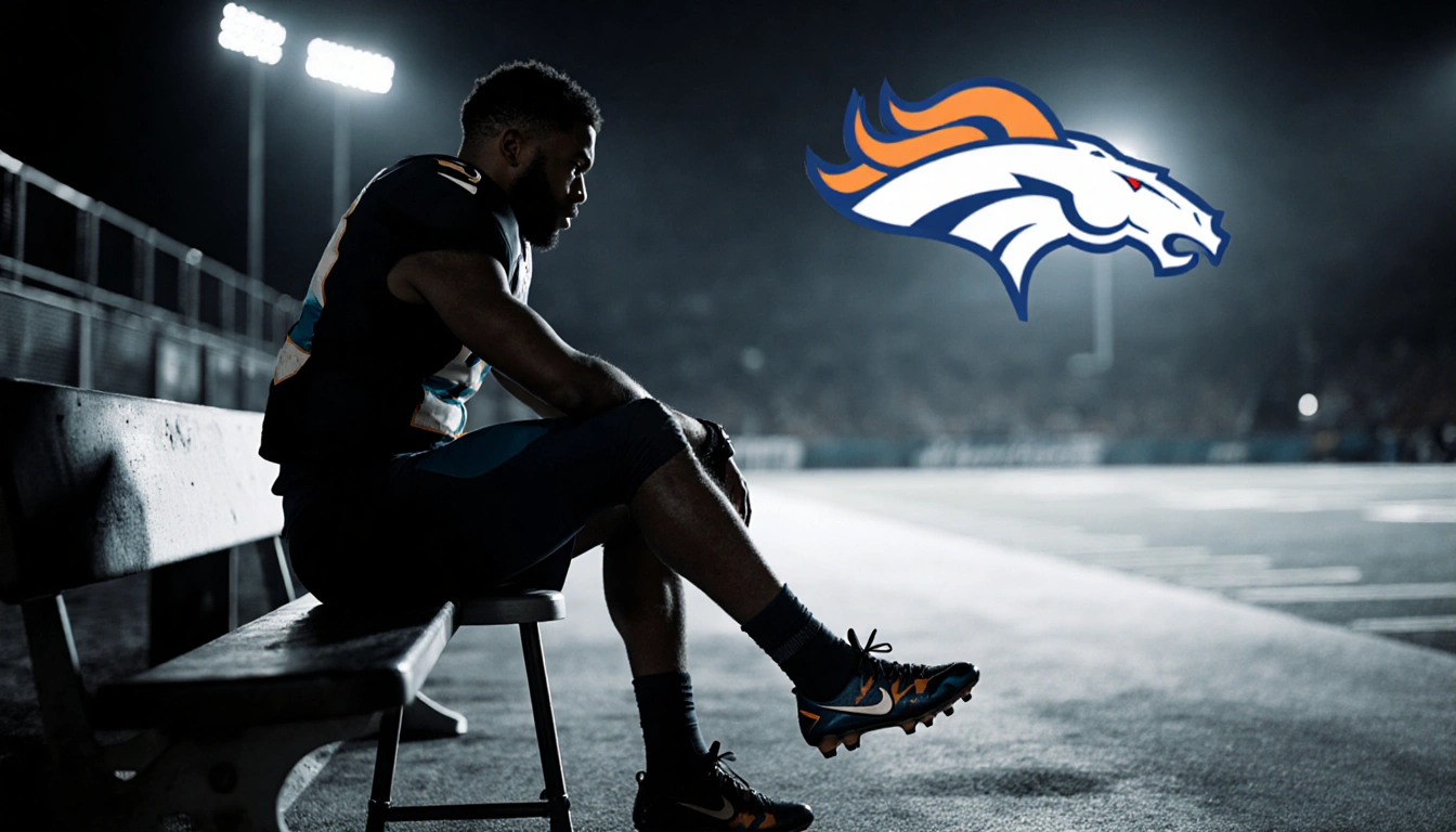 Jourdan Lewis sits on bench with cleats off and foot on stool stadium lights overlooking football field and Broncos logo