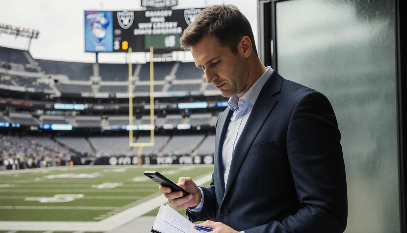 Sports journalist examining phone with Raiders text and blurred football field at stadium entrance