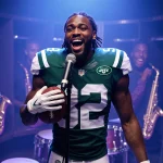 Jowon sings into a microphone wearing a Jets jersey and holding a football with instruments behind him as teammates react