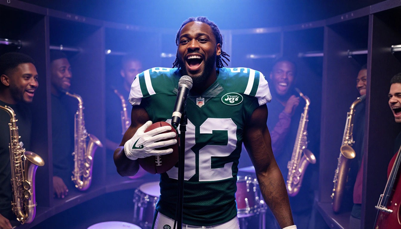 Jowon sings into a microphone wearing a Jets jersey and holding a football with instruments behind him as teammates react