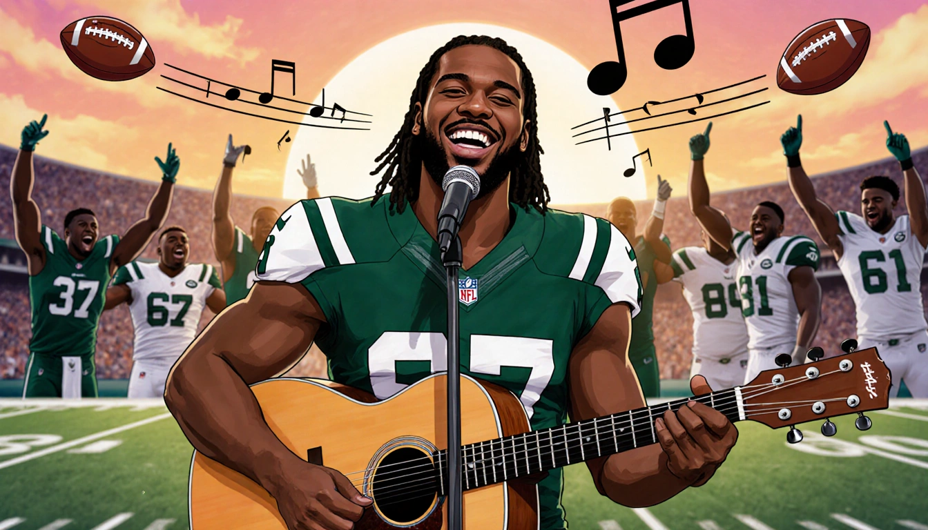 Jowon Briggs sings into a microphone while strumming a 12-string guitar with sunset football field and Jets jersey background