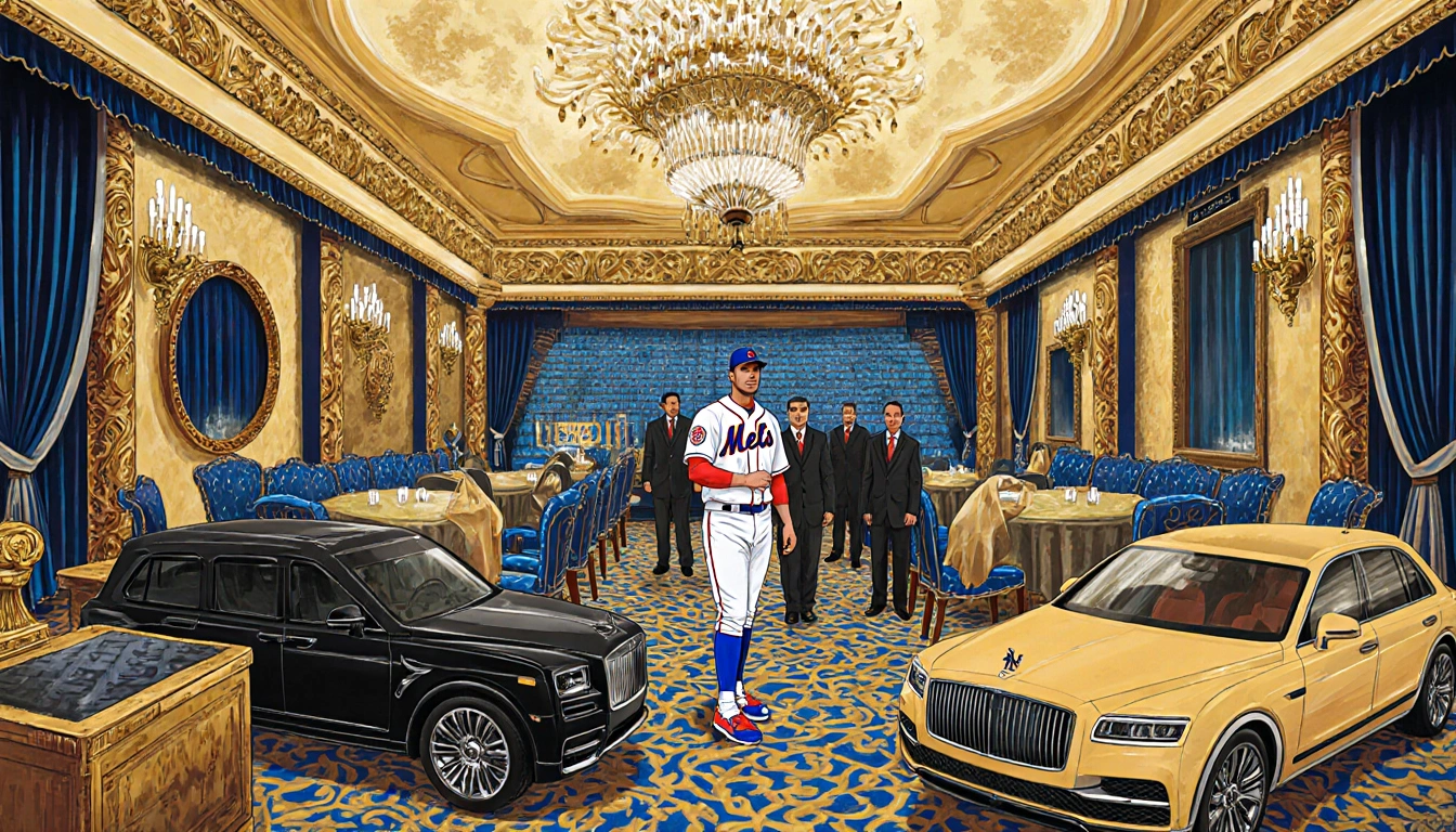 Soto sits in a lavish luxury suite with gold accents and armored vehicles nearby.