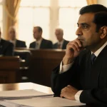 Judge Amit Mehta reviewing documents with golden light spilling across courtroom and scattered law briefs in front of him