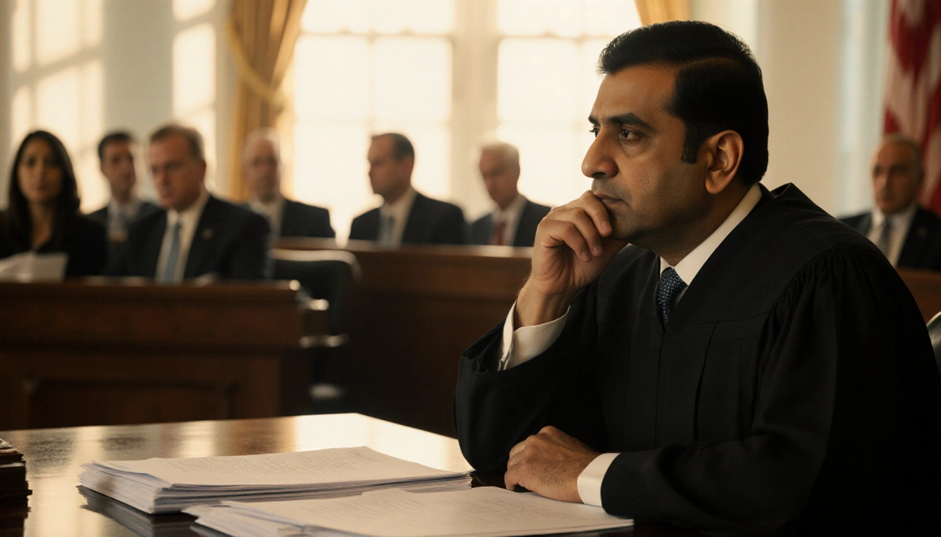 Judge Amit Mehta reviewing documents with golden light spilling across courtroom and scattered law briefs in front of him