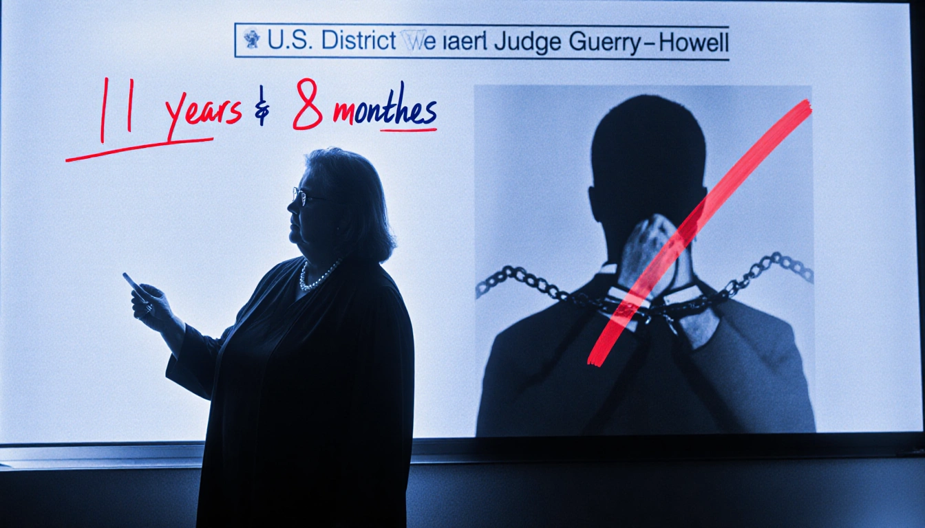 Judge Beryl Howell stands with red marker highlighting 11 years and 8 months in prison and a handcuffed figure in background