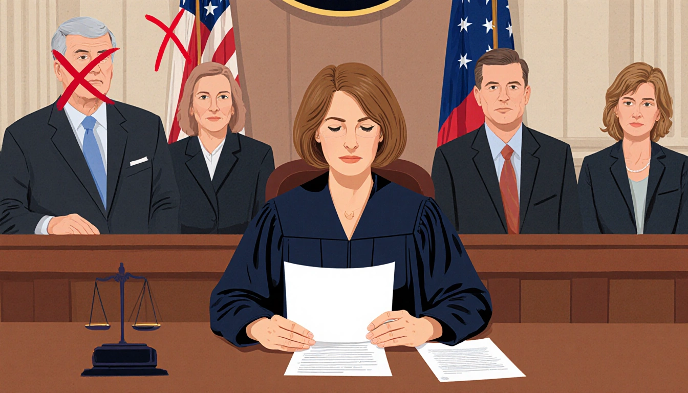 Judge Allison Burroughs reviewing a document with redacted Xs in a courtroom showing government officials