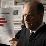 Judge Paul Engelmayer holding a court document with redacted names with blurred confidential files on his desk