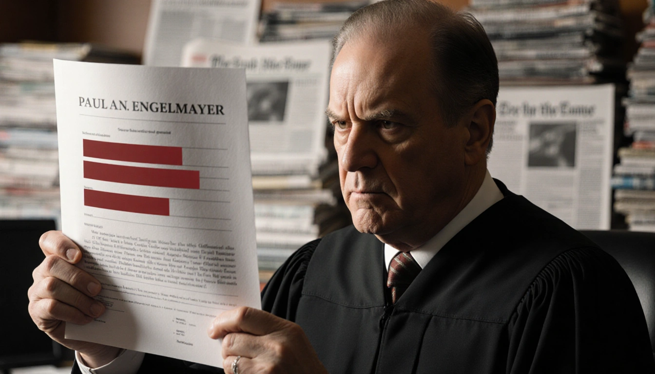 Judge Paul Engelmayer holding a court document with redacted names with blurred confidential files on his desk