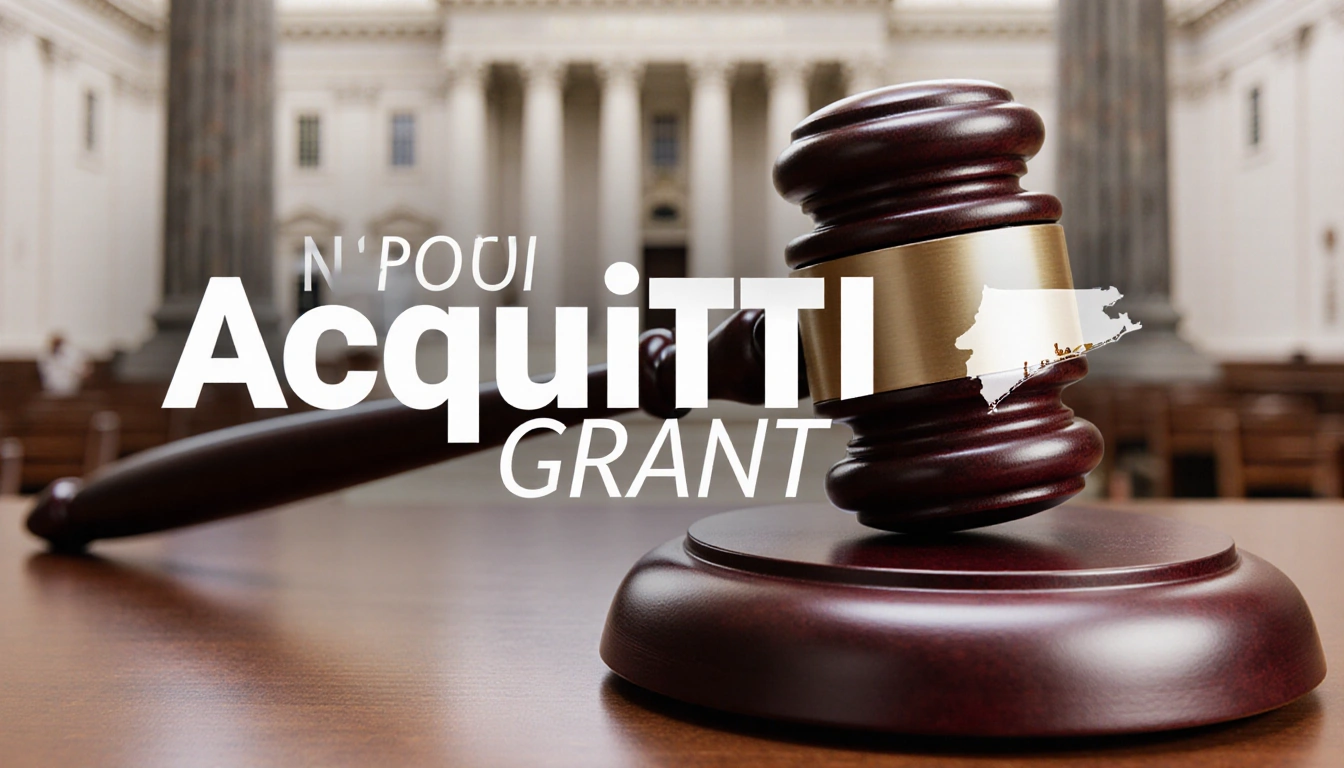 Judge gavel striking center with bold Acquittal Granted text and Brooklyn outline against blurred courtroom background