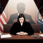 Judge Hannah Dugan sits at the bench looking down with a spotlight and a blurred flag in the background