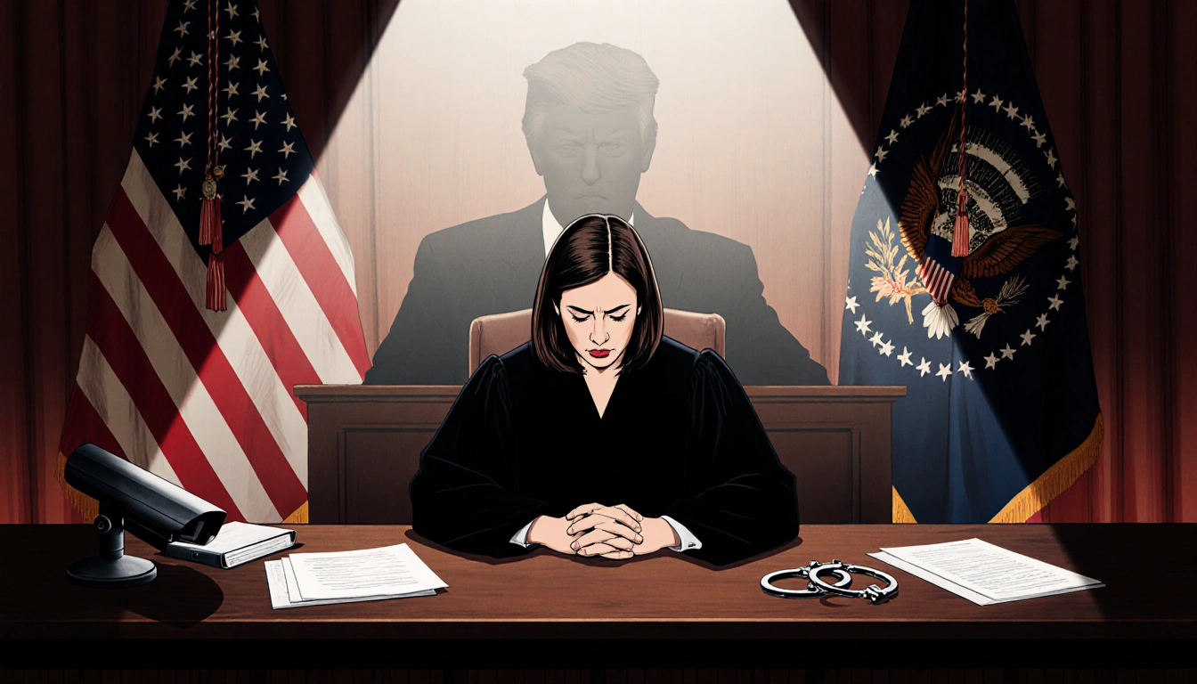 Judge Hannah Dugan sits at the bench looking down with a spotlight and a blurred flag in the background