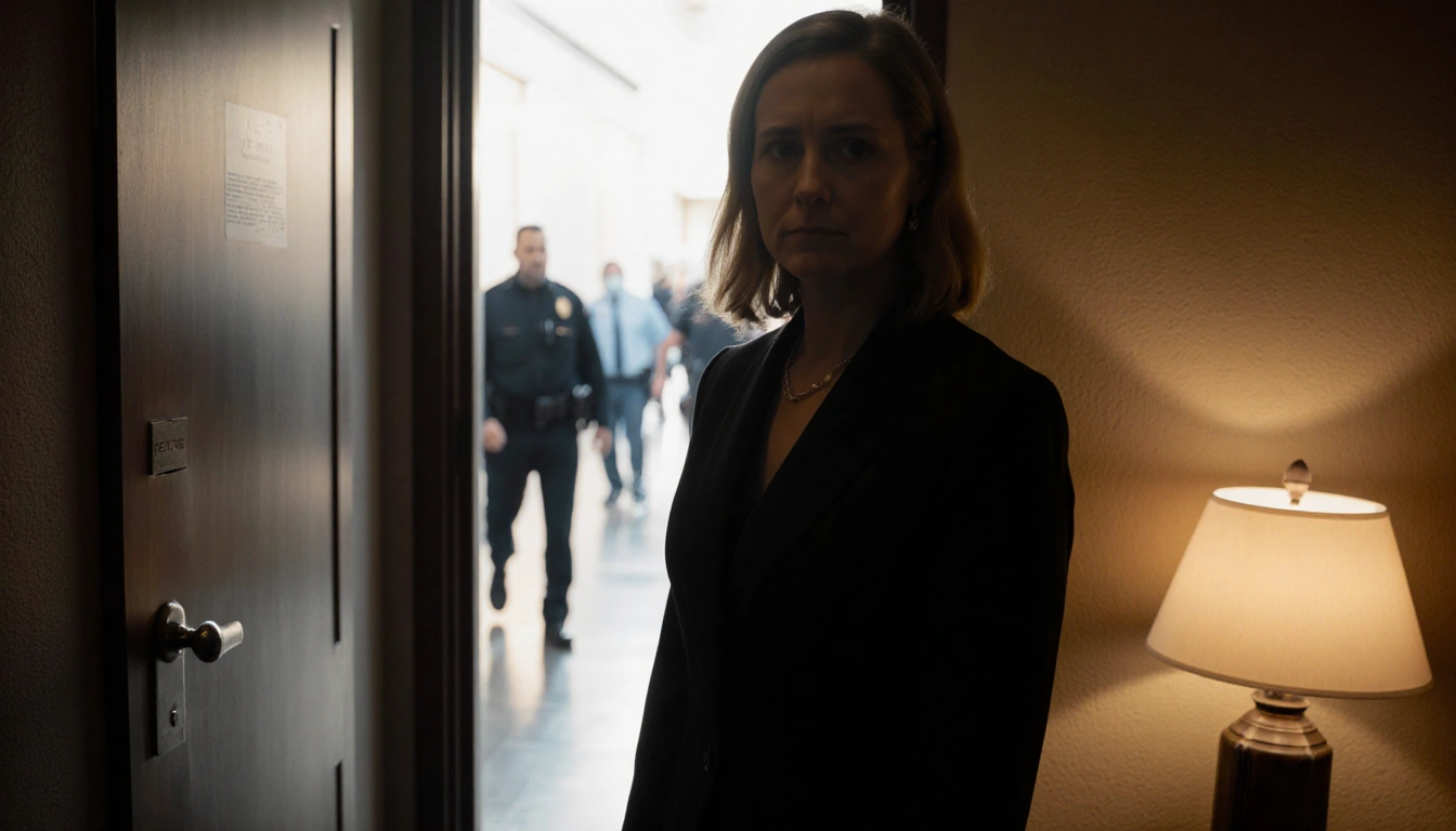 Judge Hannah Dugan standing alone in a dim hallway with a slightly ajar back door and faint agent shadows.