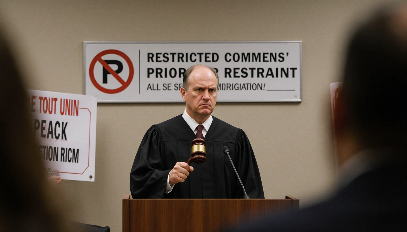 Immigration judge standing with gavel and stern face with blurred courtroom and protest signs outside echoing free speech