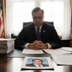 Federal judge sits at desk with papers and deportation order beside photo of Kilmar Abrego Garcia window light.