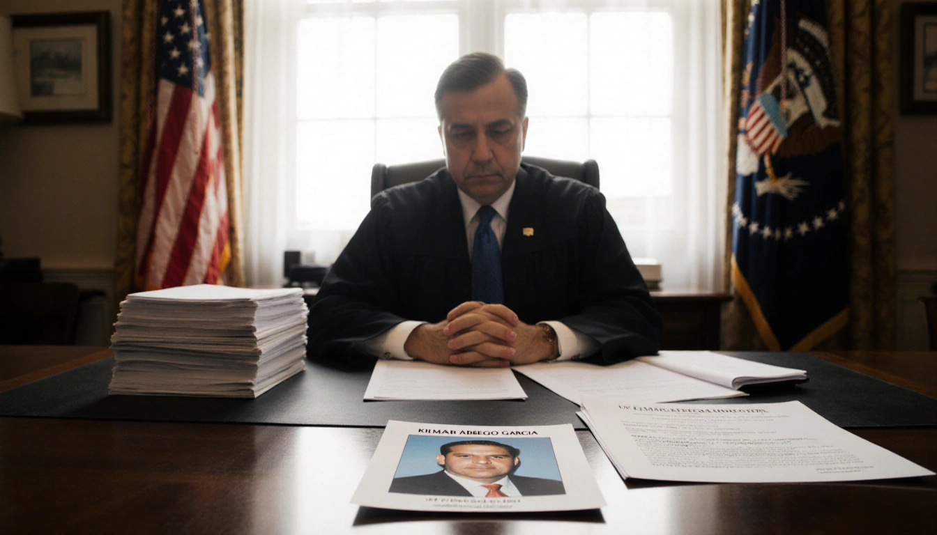 Federal judge sits at desk with papers and deportation order beside photo of Kilmar Abrego Garcia window light.