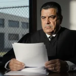 Judge Fernando Olguin holding dismissal papers with a stern look and a blurred detention center behind.