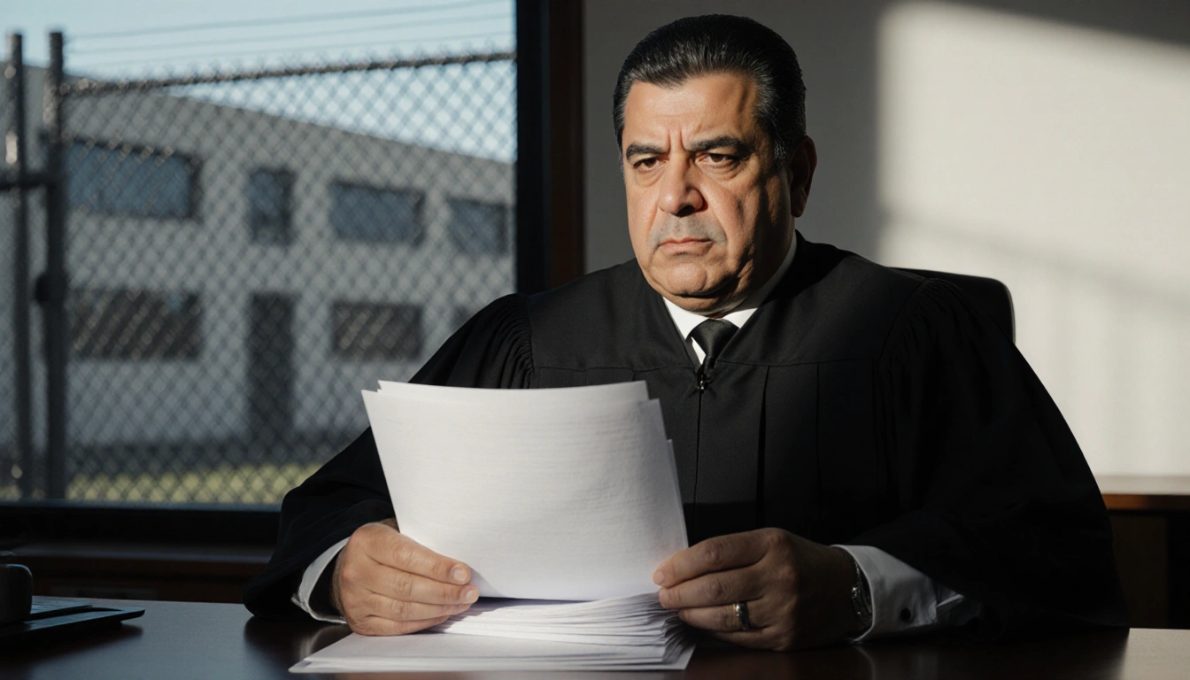 Judge Fernando Olguin holding dismissal papers with a stern look and a blurred detention center behind.