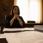 Judge Paula Xinis clasping her hands with immigration papers and a tear drop on a highlighted page in a golden courtroom.